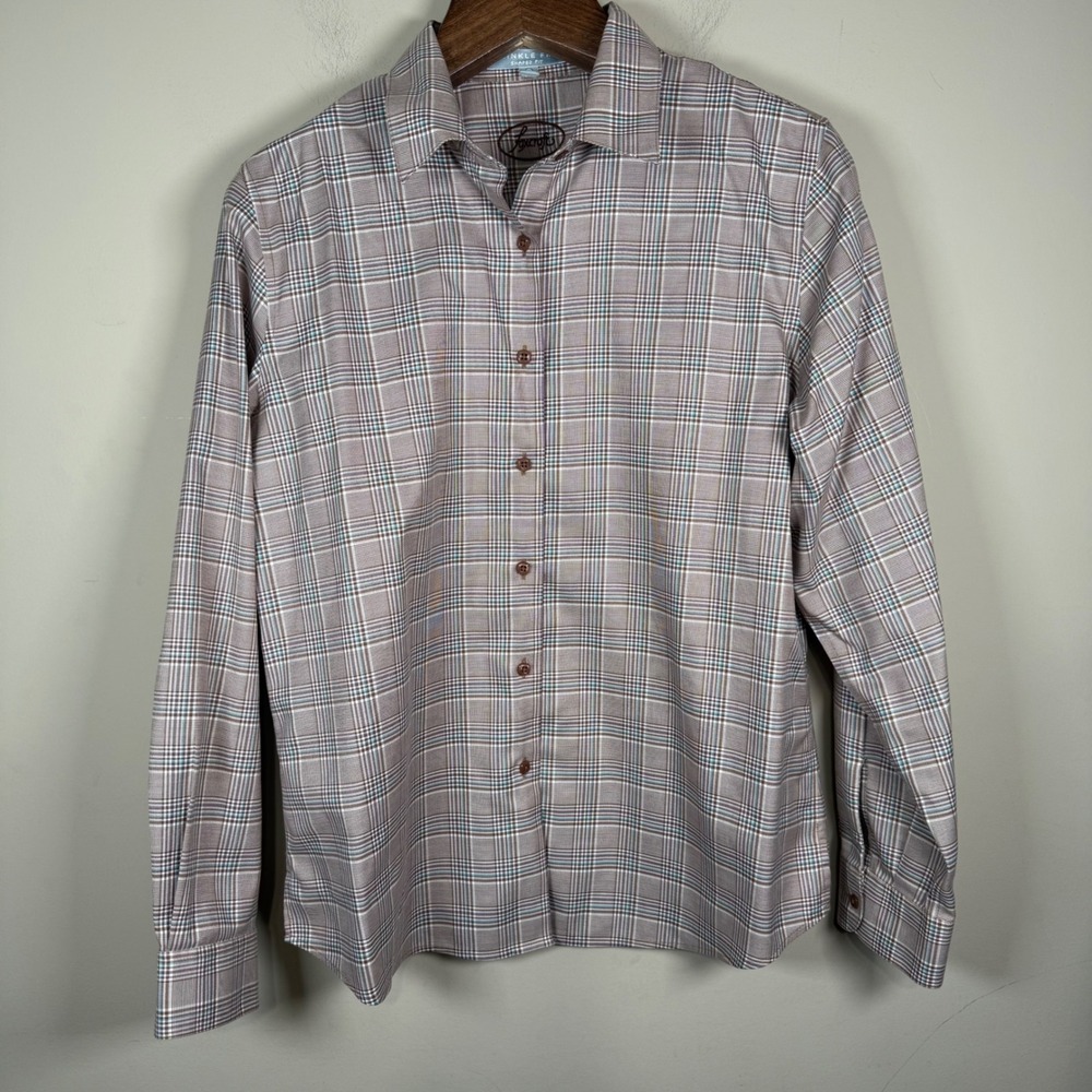 Foxcroft Wrinkle Free Brown Plaid Button Down Shirt Size 14 Career Office